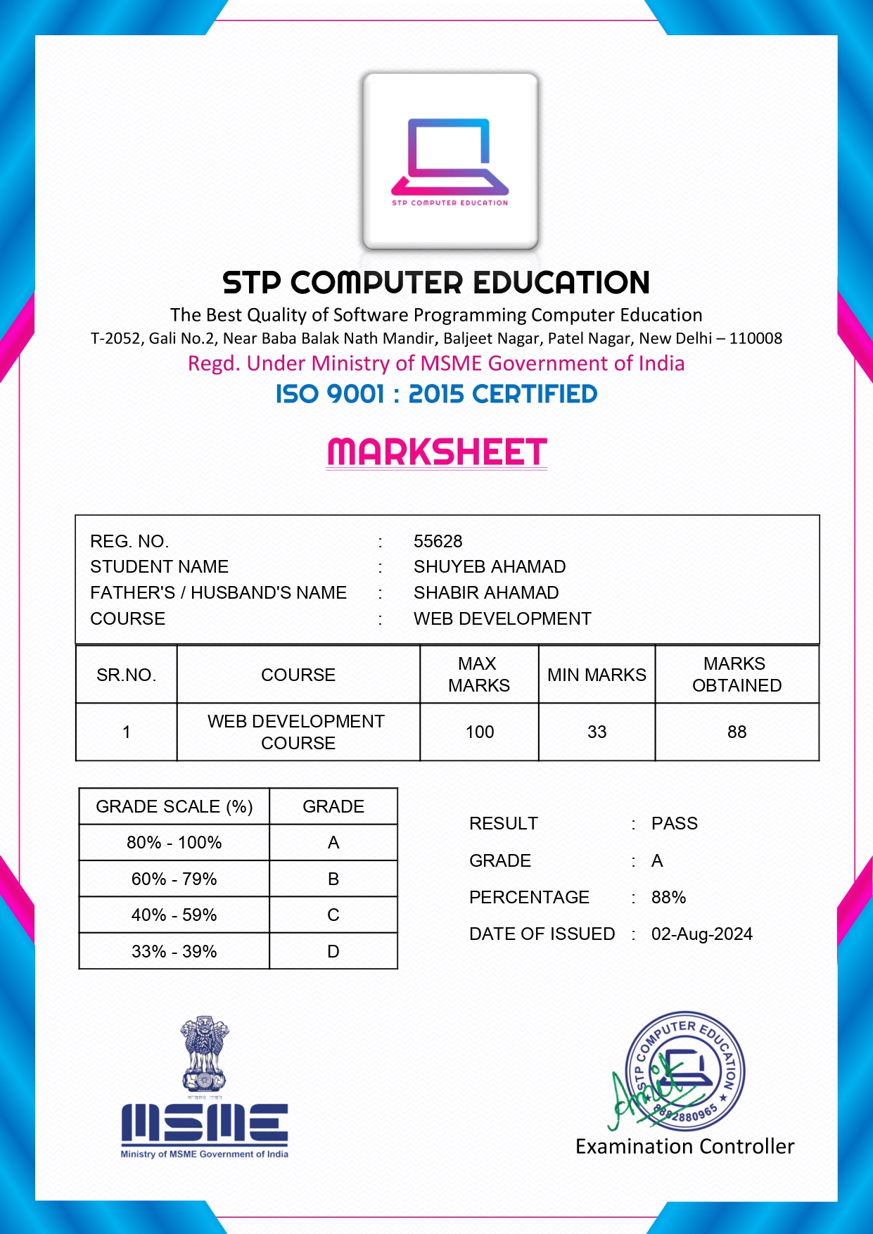 web development-Marksheet